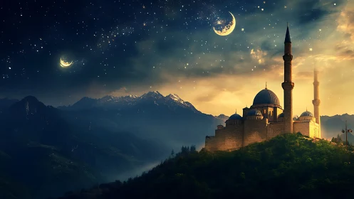 Moonlit hilltop mosque glows softly beneath a dreamy sky