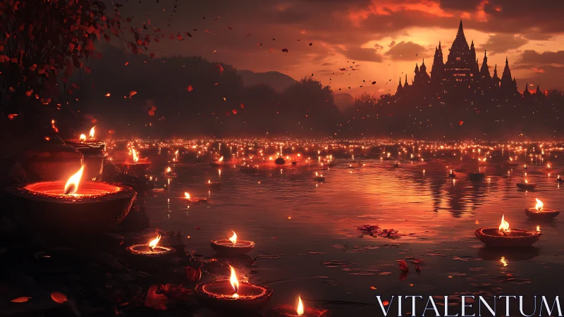 River of ember-lit prayers beneath a dusk-lit temple sky.