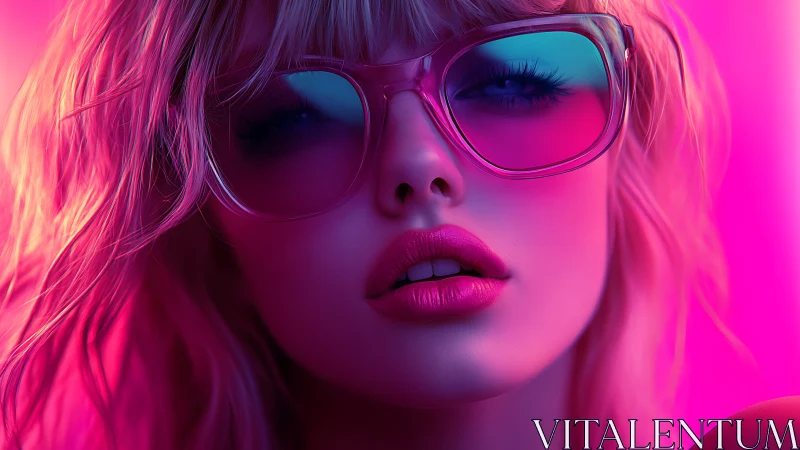 Neon-lit blonde portrait in oversized translucent pink glasses.