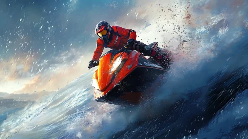Jetski rider cuts through stormy ocean waves with force.