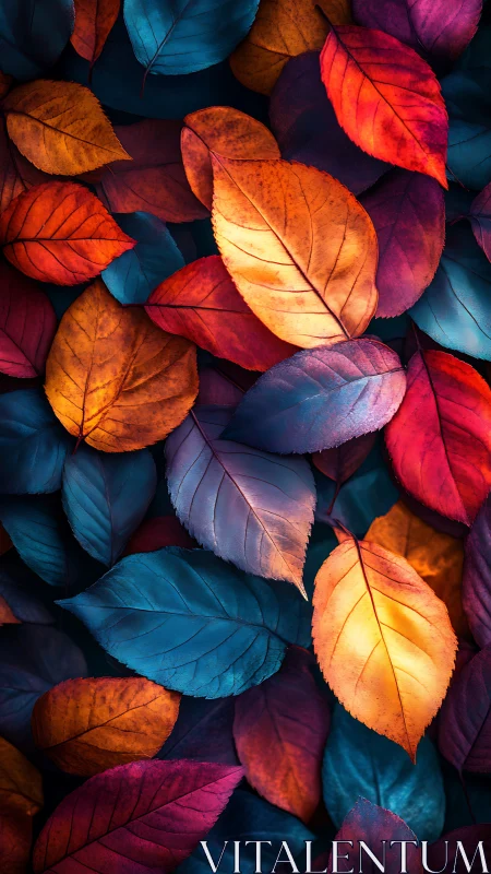 Vibrant autumn leaves glow in bold jewel-toned color fields.