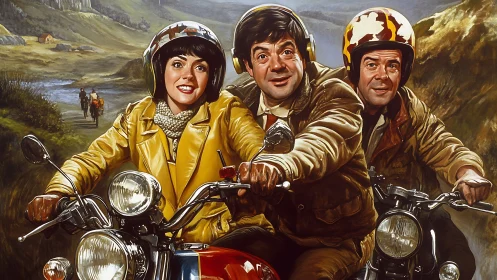 Joyriding trio rockets through rustic valley on motorbikes.