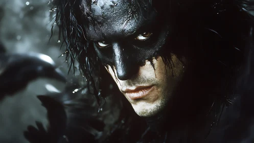 Raven-eyed avenger emerges from storm-darkened shadows.