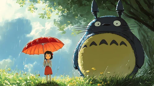 Child with umbrella beside large forest creature in rain.