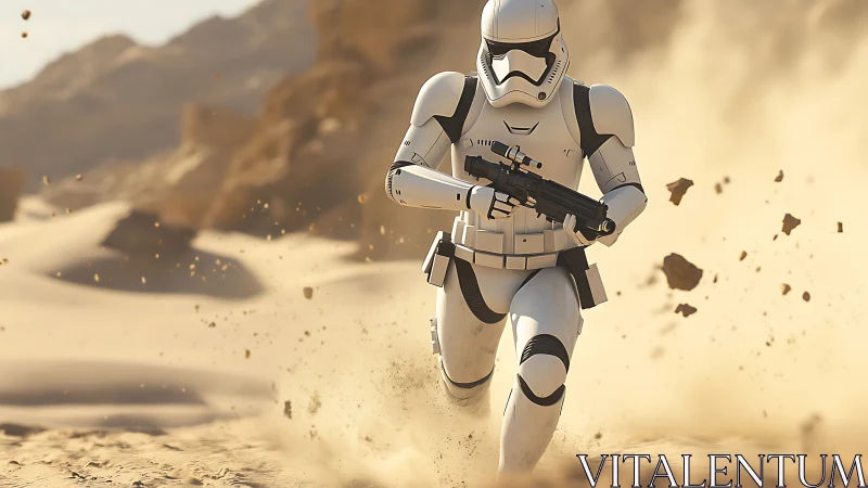 Armored sci fi soldier charges through windswept desert storm