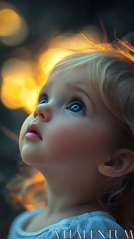 Child gazing upward at golden light with wonder.