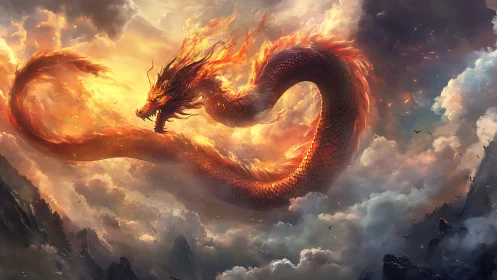 Flaming serpentine dragon coils through storm-lit celestial clouds