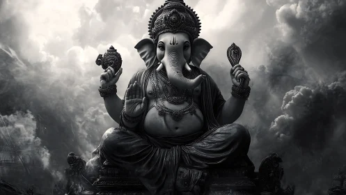 Monochrome depiction of seated Ganesha statue amid clouds.