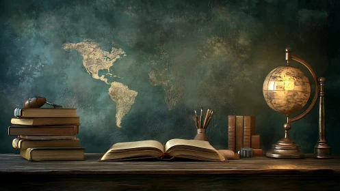 Vintage study desk composes global learning narrative in chiaroscuro