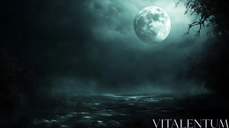 Full moon illuminates a misty river under eerie teal skies