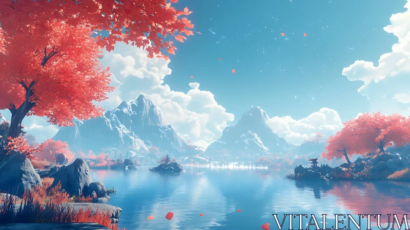 Crimson trees frame crystal lake beneath alpine peaks.