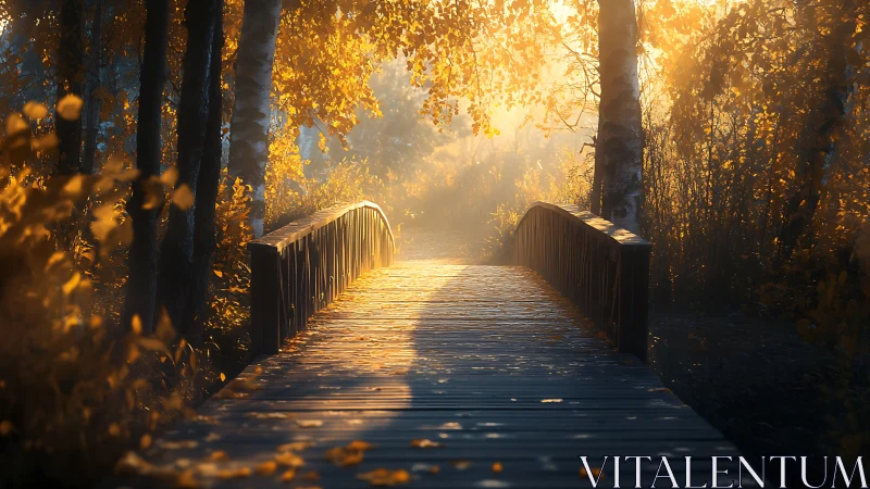 Cinematic autumn bridge in golden-hour forest illumination.