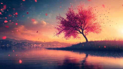 Solitary cherry tree on lakeside peninsula at vivid sunset