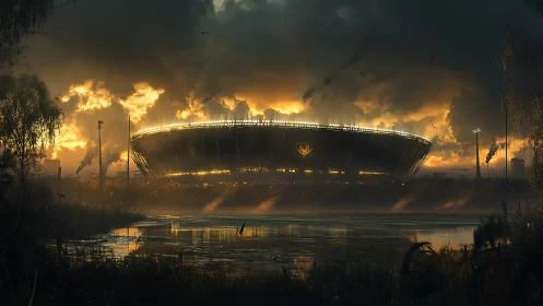 Illuminated stadium structure stands behind wetland foreground