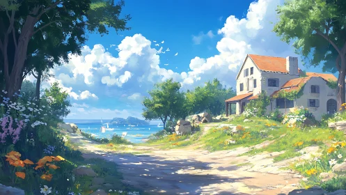 Seaside Cottage Garden with Vibrant Coastal Landscape.