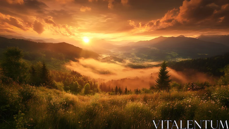 Radiant mountain sunrise over mist-filled forest valley.