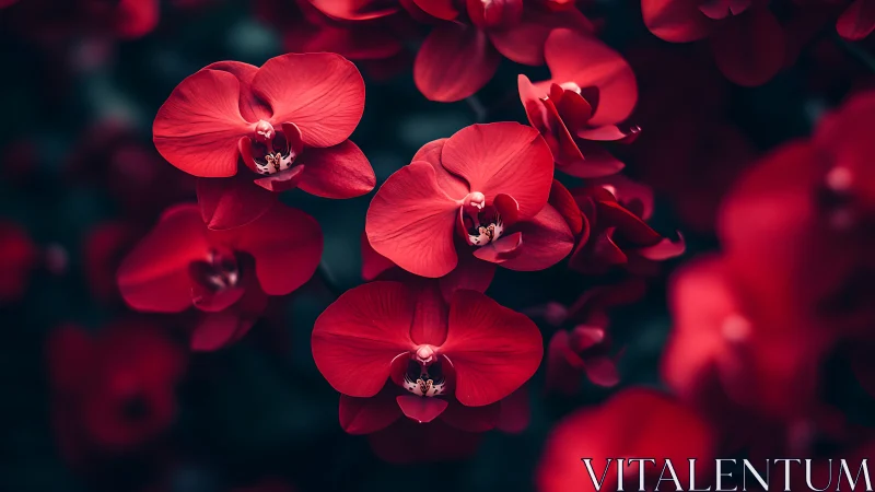 Red orchid flowers fill frame with shallow depth of field