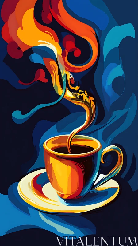 Abstract vector coffee cup with dynamic chromatic steam plume