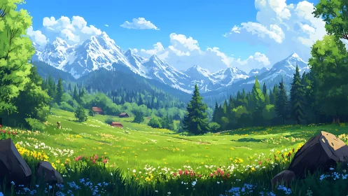 Sunlit alpine meadow rendered with layered atmospheric depth
