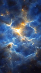 Stellar nursery cloud illuminated by golden starburst glow.