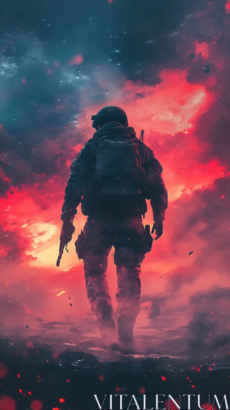 Backlit tactical soldier silhouette in red nebular battlefield