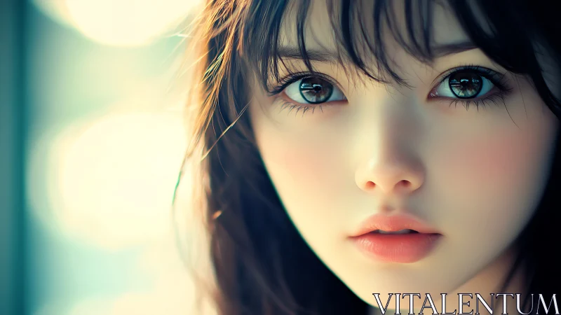 Digital portrait of young woman with large reflective eyes.