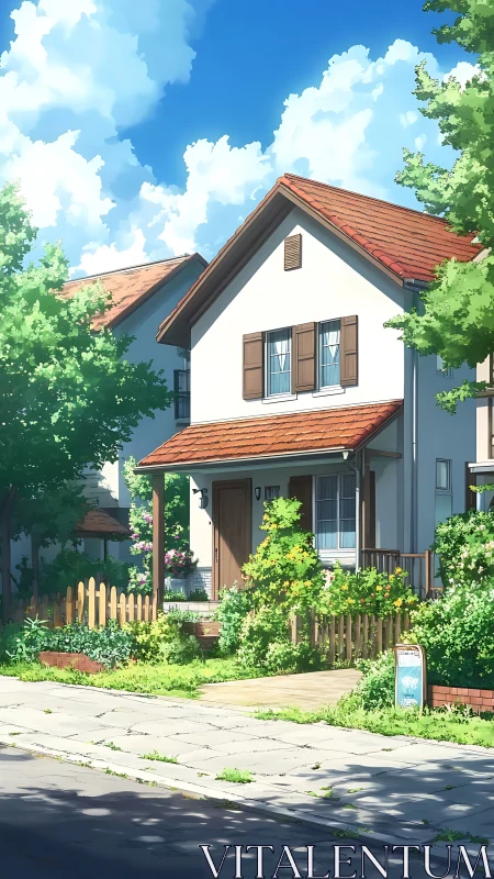 Sunny suburban house with red roof and lush front garden