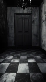 Worn monochrome corridor with closed paneled door and chandelier