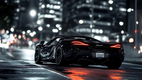 Midnight supercar glides through neon-soaked city rain.