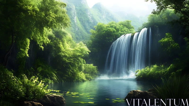 Luminescent forest waterfall cascades into tranquil basin