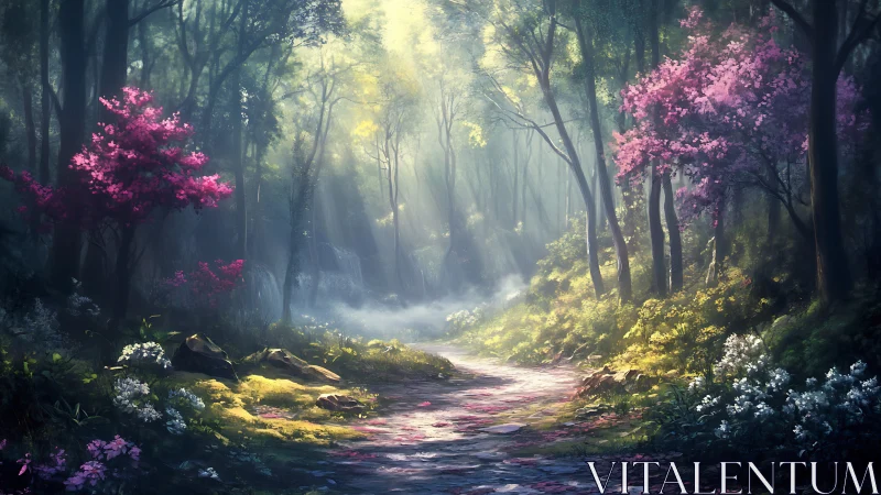 Ethereal Forest Path with Blooming Trees.