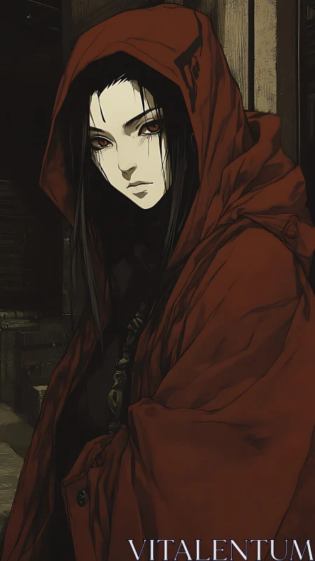 Hooded woman in red cloak standing in dim wooden alley.