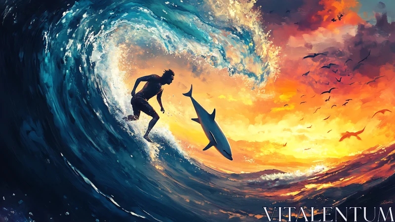 Surfer and shark silhouette inside vivid sunset wave.