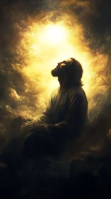 Soft golden light surrounding a humble figure in reflection.