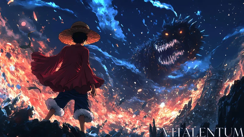 Straw-hatted hero confronts colossal flame-lit night beast