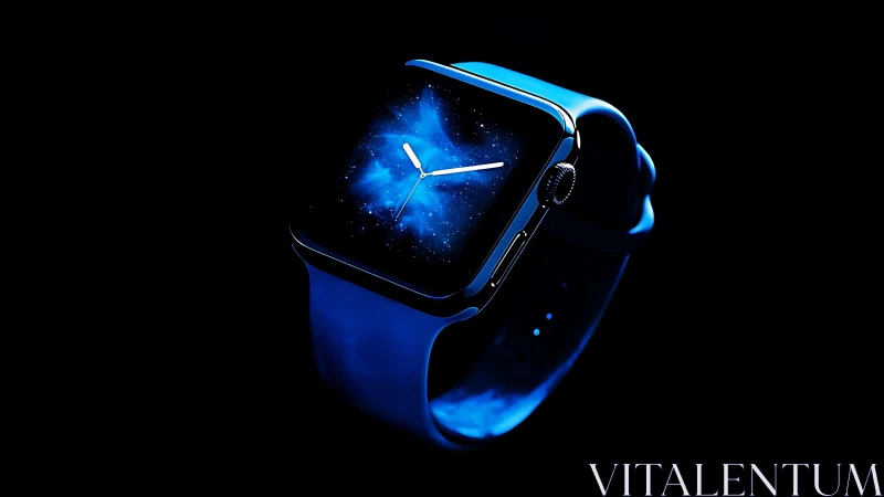 Smartwatch with cosmic dial glows in deep blue light.