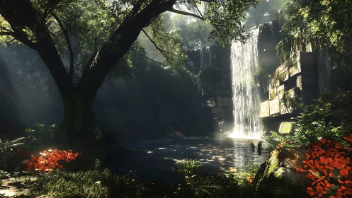 Lush digital forest waterfall with hidden concrete ruin.