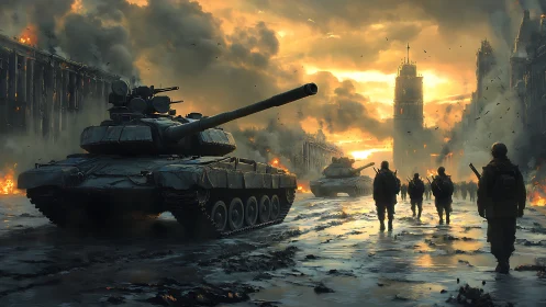Armored column advances through burning city at sunset sky