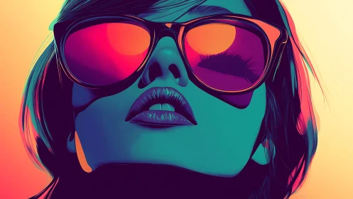 Bold neon portrait of woman in oversized reflective shades.