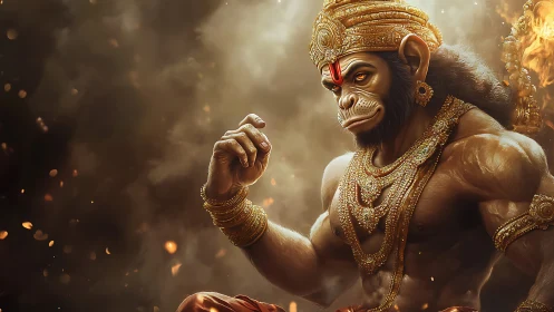 Hanuman-inspired warrior in ornate golden armor artwork.