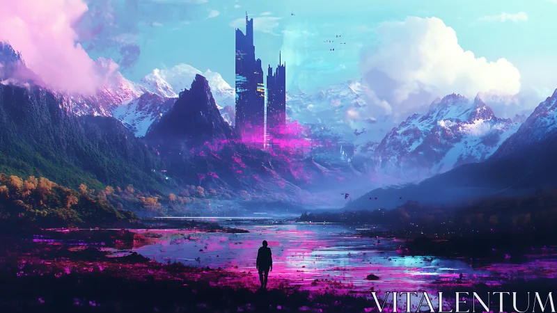 Bold wanderer walks toward a glowing mountain city of light