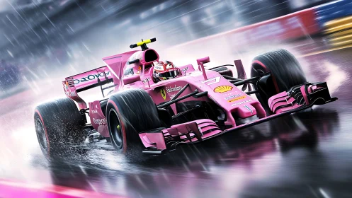 Thrilling pink Formula race car surges through rainy circuit