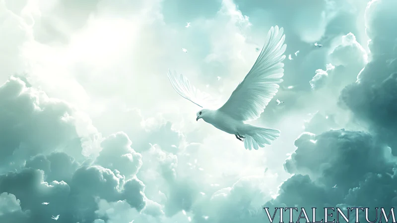 White dove soaring in bright teal sky among clouds.