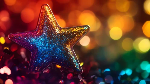 Glitter-surfaced star ornament in chromatic bokeh field.