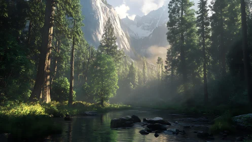 Forest gorge with cascading waterfall framed by towering redwoods.