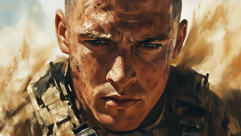 Tactical soldier portrait with high-intensity desert lighting.