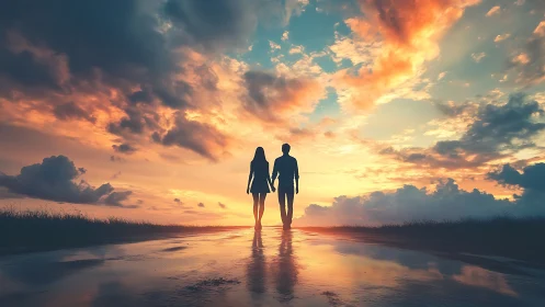 Two figures silhouetted at sunset over still water.
