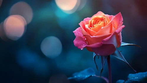 Pink Rose with Water Droplets Against Bokeh Background.