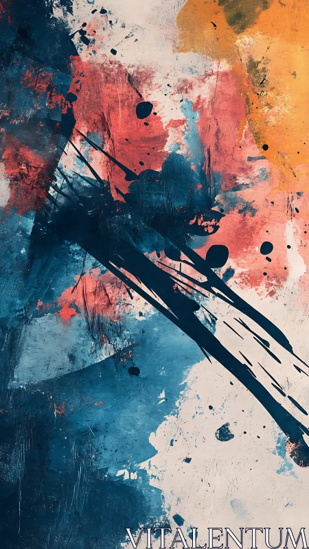 Dynamic tricolor abstract with gestural navy diagonal strokes
