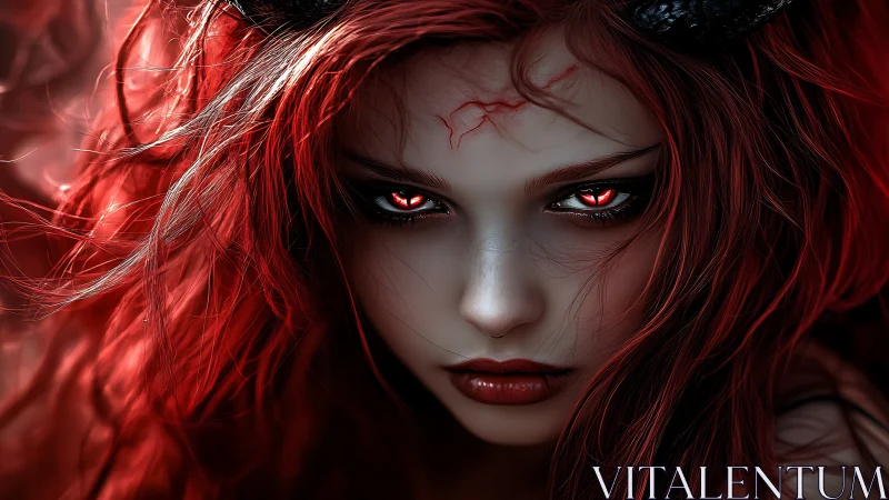 Demonic woman with glowing red eyes stares into darkness.